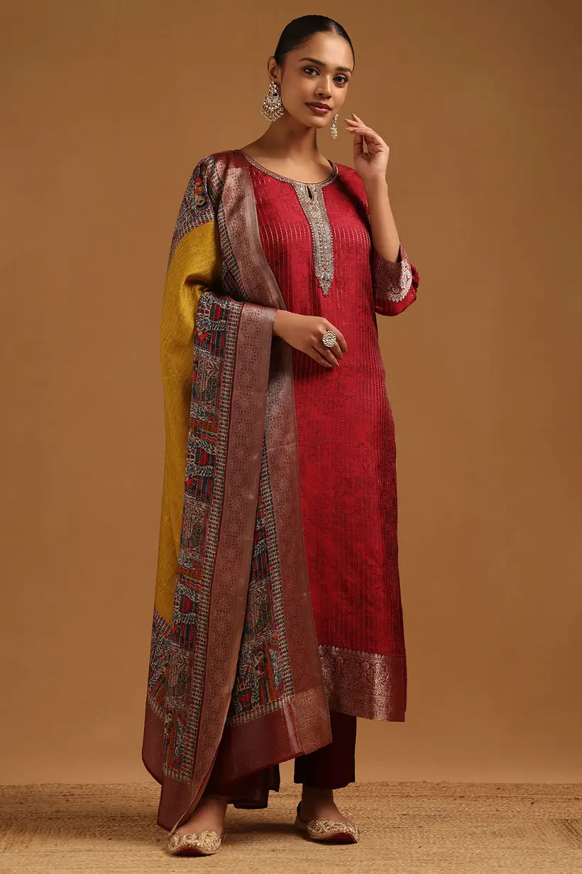 Maroon Brocade Stripes Salwar Suit With Zardosi Work